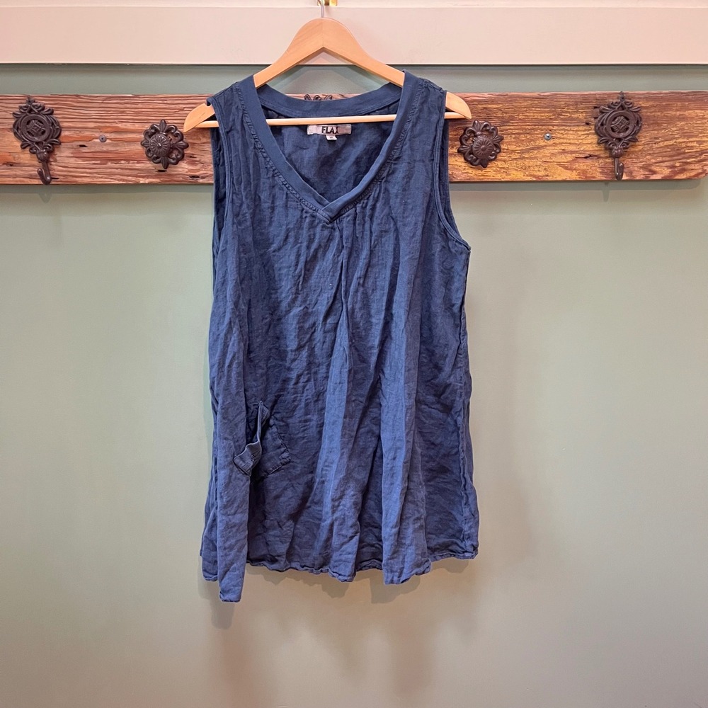 FLAX Womens Navy Blue 100% Linen V-Neck Sleeveless Tunic Top Side Pocket Size M